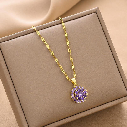 Royal Amethyst Bloom Pendant Necklace – Gold Plated Chain with Purple Stone Cluster Medallion - Belliza & Co